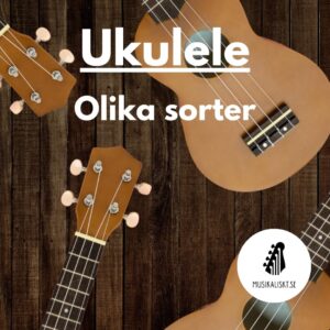 Ukulele olika sorter, bild på flera ukulele mot träbakgrund
